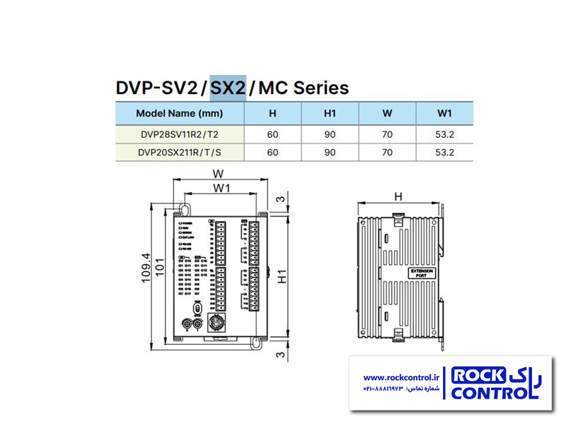 مقایسه ابعاد پی ال سی دلتا DVP20SX211T